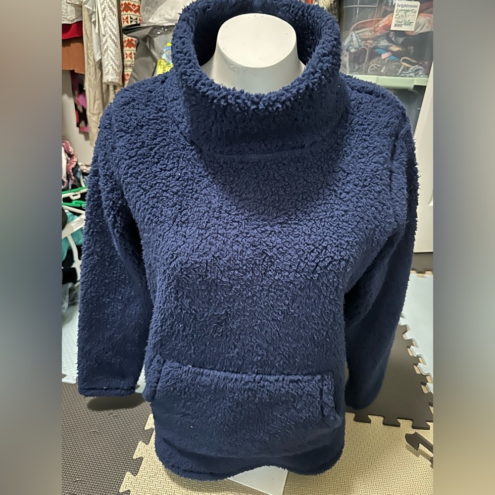 St. Johns Bay Sherpa Teddy Bear Pullover Top Mock Neck Navy Blue SIZE PM